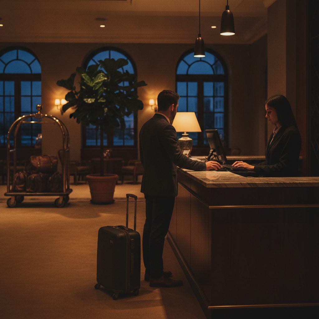 A hotel reception desk late at night, lit by a single lamp, nobody behind the counter